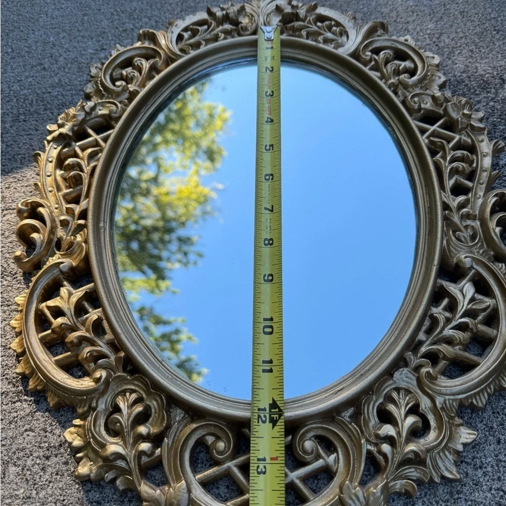 Mid-Century Hollywood Regency Gold Ornate Mirror Wood Floral Velvet Back 18x14”
